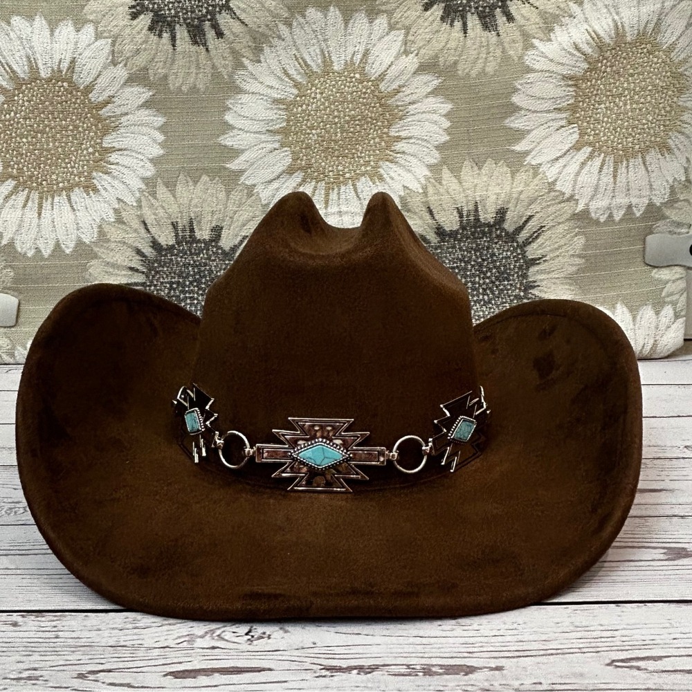 Illuma Brown Faux Suede Cowboy Hat Southwestern Turquoise Silver Chain Band NEW